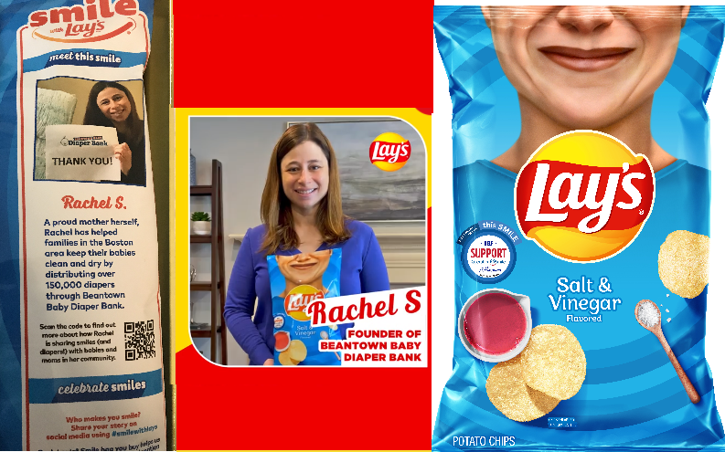 A collage of Lay's potato chip products and promotional materials featuring Rachel S., founder of Beantown Baby Diaper Bank, including a bag of Lay's Salt & Vinegar chips and a photo of Rachel holding a sign for the diaper bank.