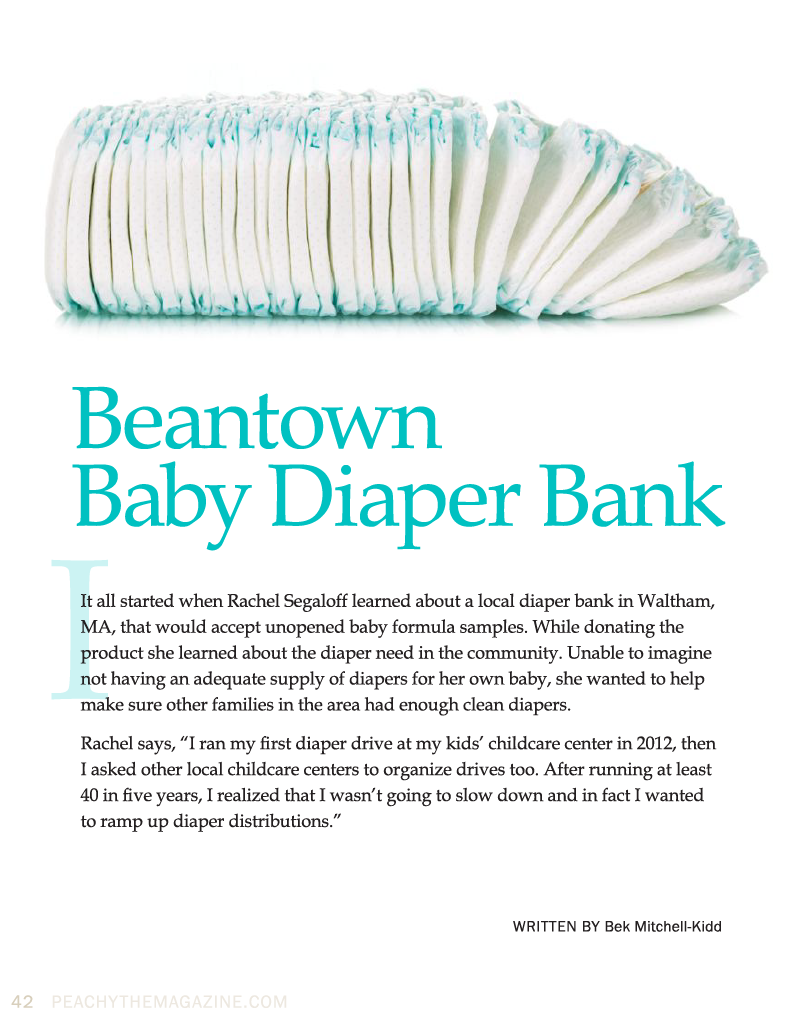 A page from PeachyTheMagazine.com featuring an article titled 'Beantown Baby Diaper Bank' with a photo of a stack of white and light blue baby diapers.