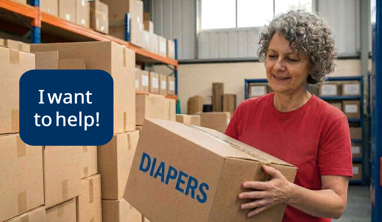 A woman with curly gray hair wearing a red shirt is in a warehouse holding a cardboard box labeled "Diapers." There are shelves with many boxes around her. A speech bubble says "I want to help!"