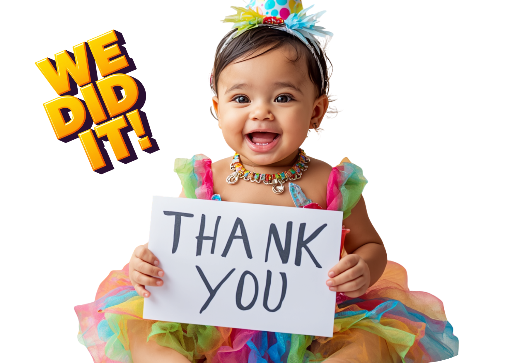 A young girl in a colorful dress and a bow headband is holding a white sign that says 'Thank You'. She has a big smile and is sitting against a plain background with a colorful text graphic next to her that says 'We Did It!' in bold yellow letters.