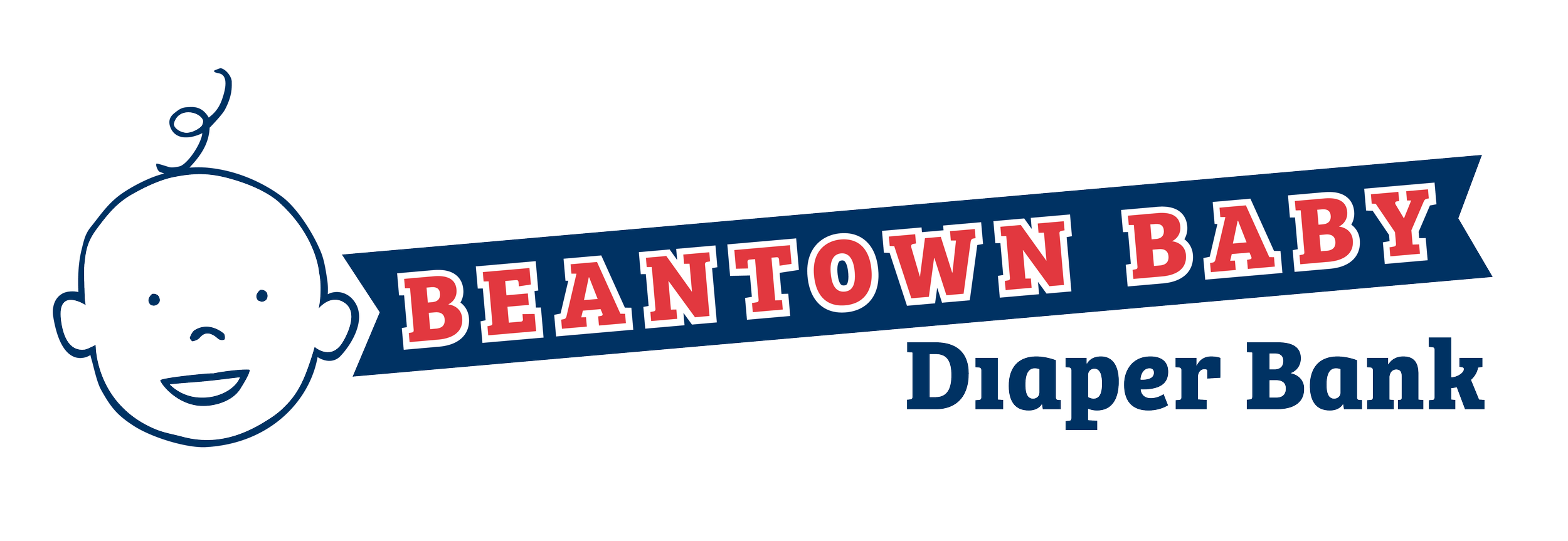 Logo for Beantown Baby Diaper Bank featuring a cartoon baby's head with a curl of hair and two dots for eyes, with the text "BEANTOWN BABY Diaper Bank" in red and blue.