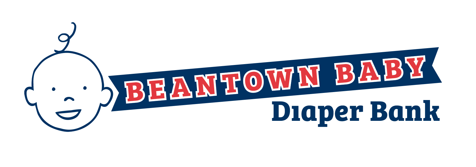 Logo for Beantown Baby Diaper Bank, featuring a smiling baby face with a small curl of hair, with the words 'Beantown Baby' on a banner and 'Diaper Bank' below.