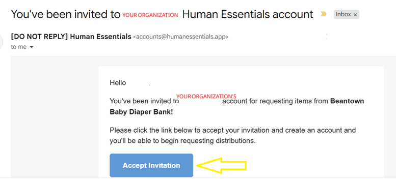 Email invitation from Human Essentials to join Baby Diaper Bank, with a blue 'Accept Invitation' button and yellow arrow pointing to it.