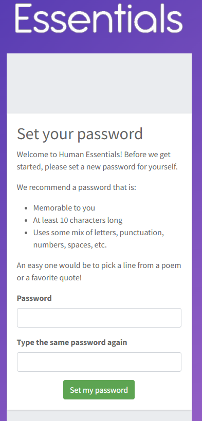 Screenshot of a password setup page for 'Human Essentials' with fields to enter and confirm a password, instructions, and a green button labeled 'Set my password'.