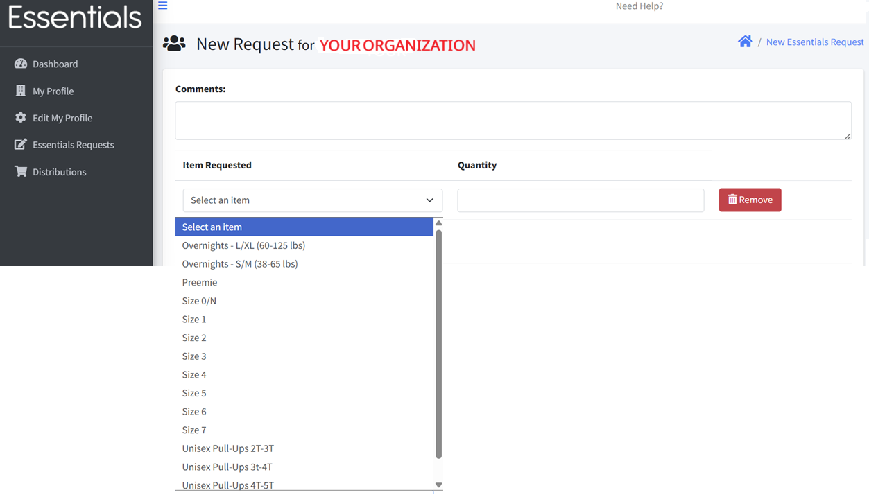 Screenshot of an online form titled 'New Request for YOUR ORGANIZATION' on the Essentials platform. The form includes fields for comments, item requested, and quantity, with a dropdown menu listing various clothing and size options.