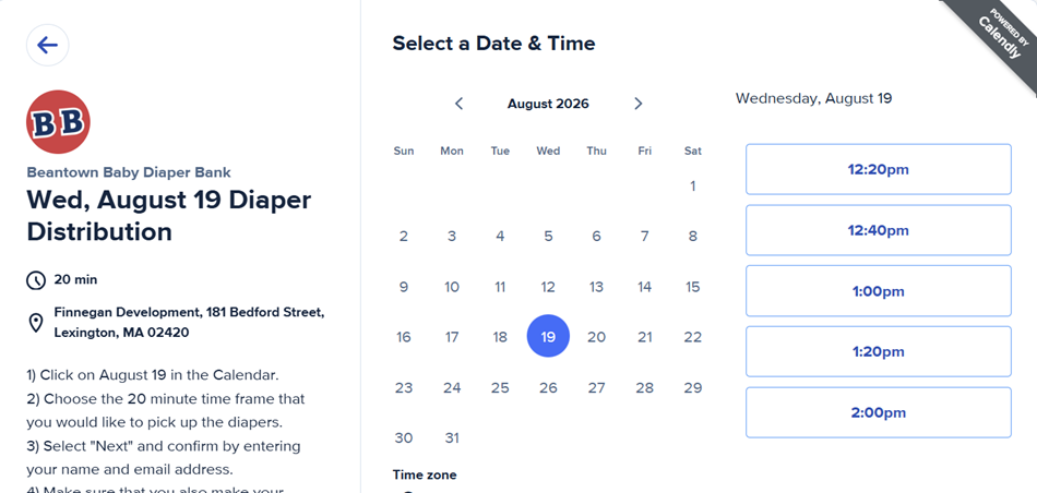 Online scheduling page for Beantown Baby Diaper Bank to select a pickup time on Wednesday, August 19, 2026, with available time slots from 12:20 pm to 2:00 pm.