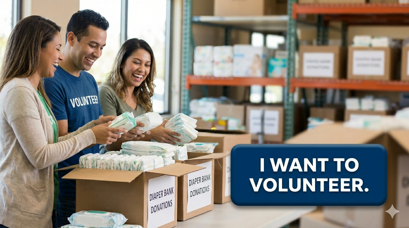 Three volunteers sorting diapers into donation boxes at a diaper bank warehouse, with a sign reading “I WANT TO VOLUNTEER.”