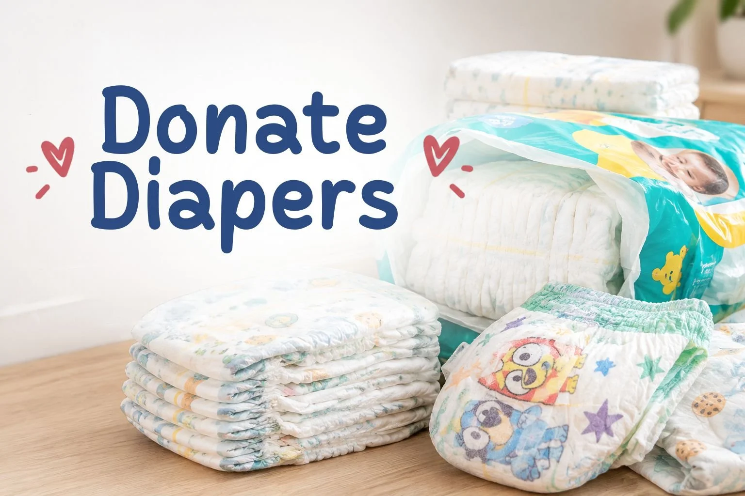 Stacks of baby diapers with text reading “Donate Diapers”