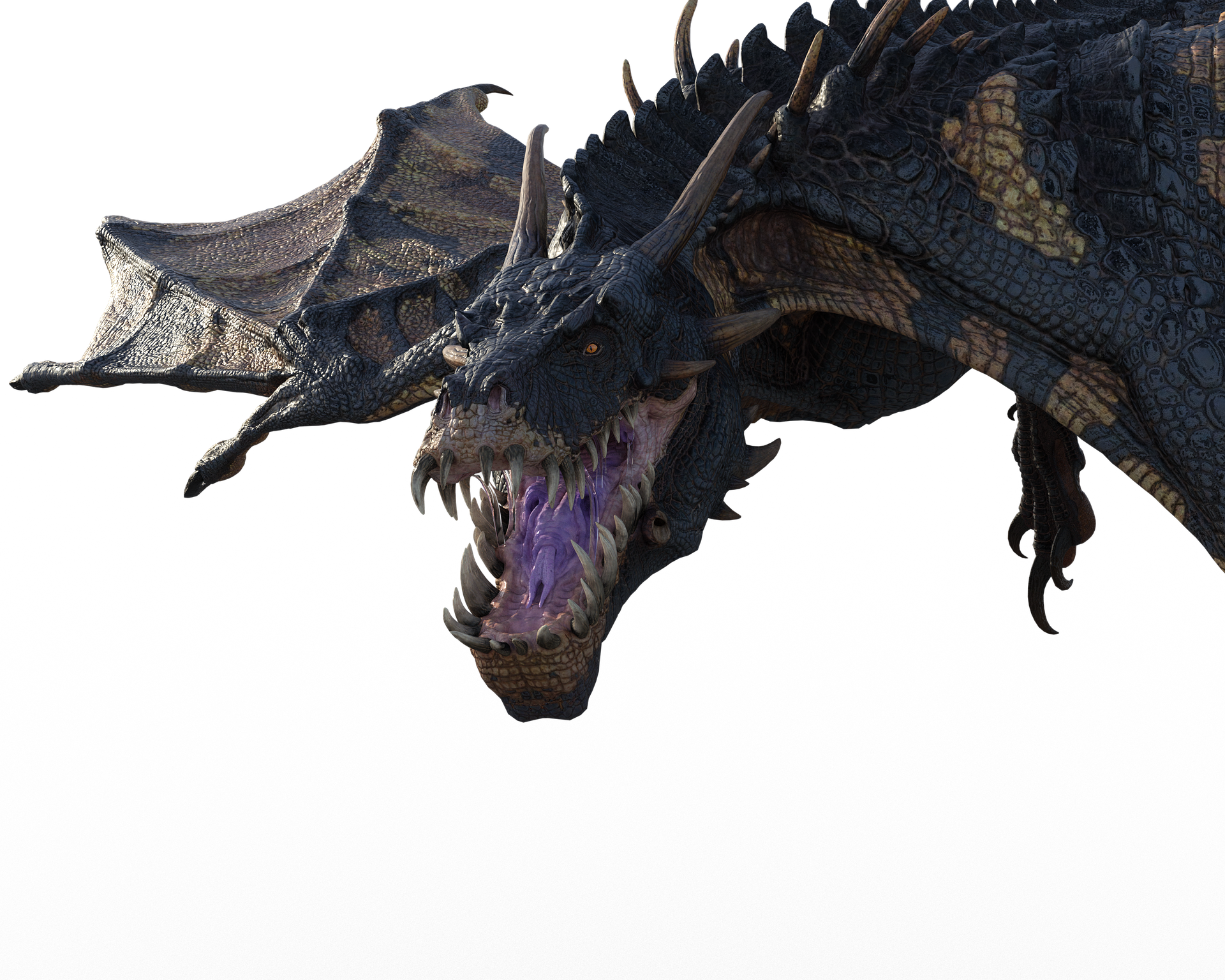 A large, detailed dragon with dark, textured scales, wings extended, and mouth open showing purple tongue and sharp teeth, on a plain black background.