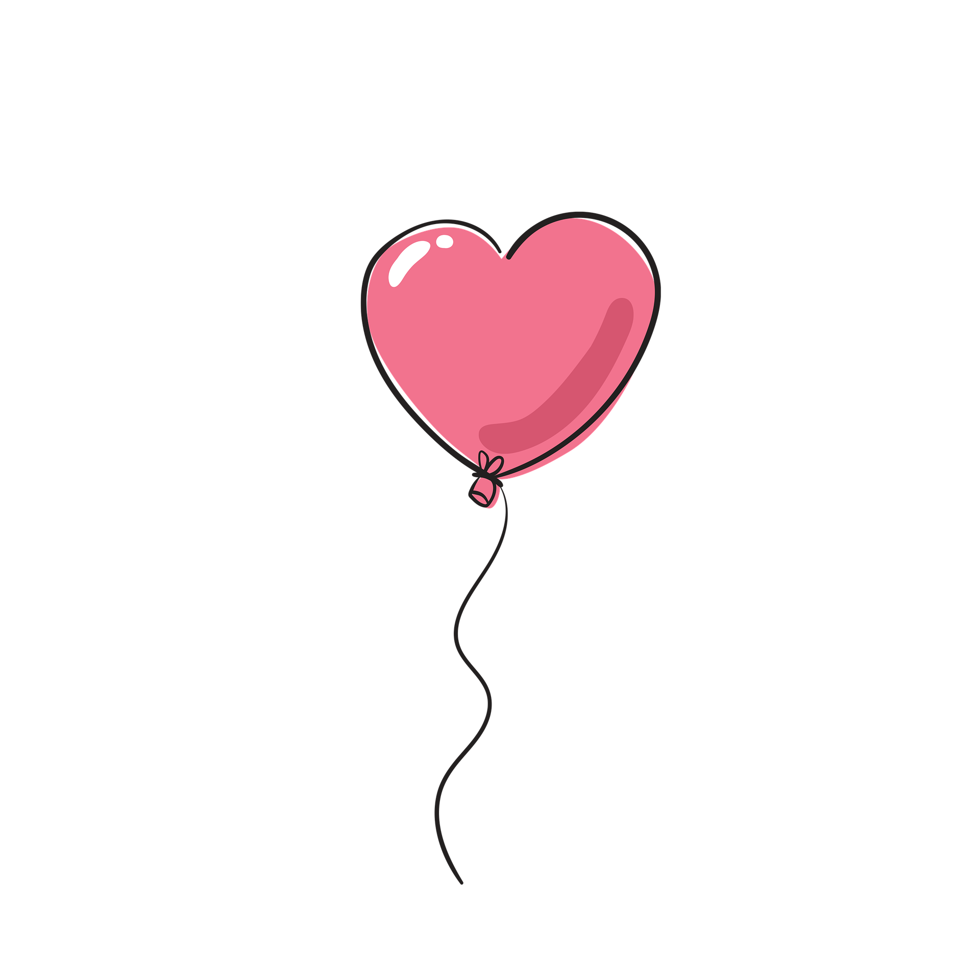 A pink heart-shaped balloon with a shiny surface tied with a small black knot at the bottom and a thin black string hanging from it.