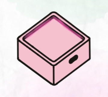 A pink square-shaped box with a black outline and a side latch, seen from an angled perspective.