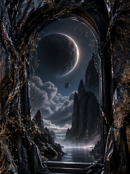 A fantastical night scene viewed through a cave opening, featuring a crescent moon, stars, clouds, and distant mountains reflected on water.