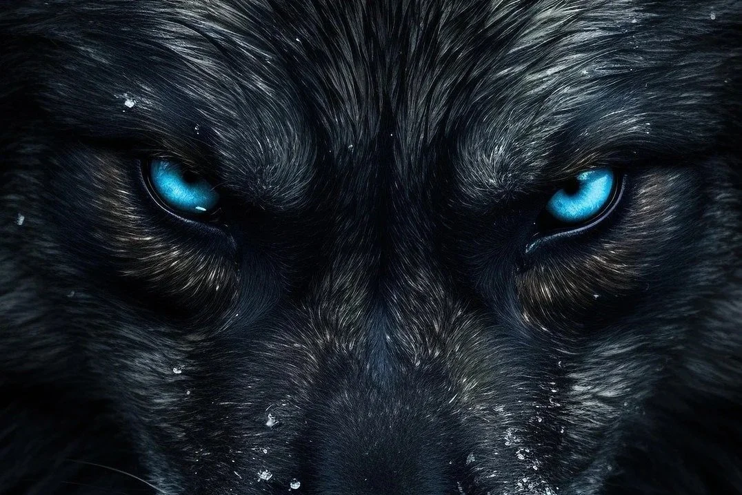Close-up of a black wolf with piercing blue eyes and some snowflakes on its face.