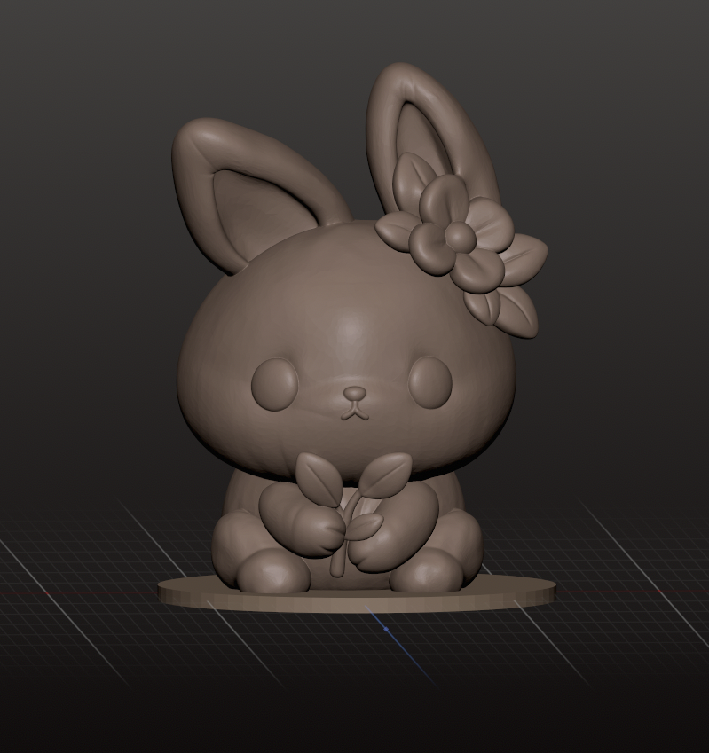 A 3D model of a cute bunny with large ears, a flower on its head, and holding a small bunch of leaves.