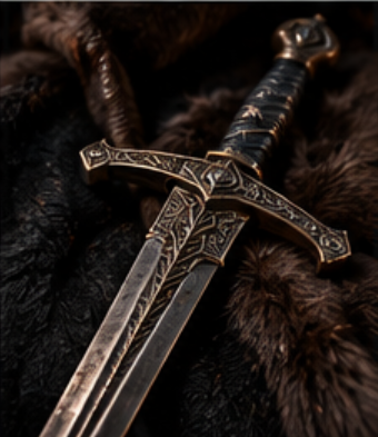 A detailed, ornate medieval-style sword with a cross-shaped hilt, resting on dark fabric with fur trim.