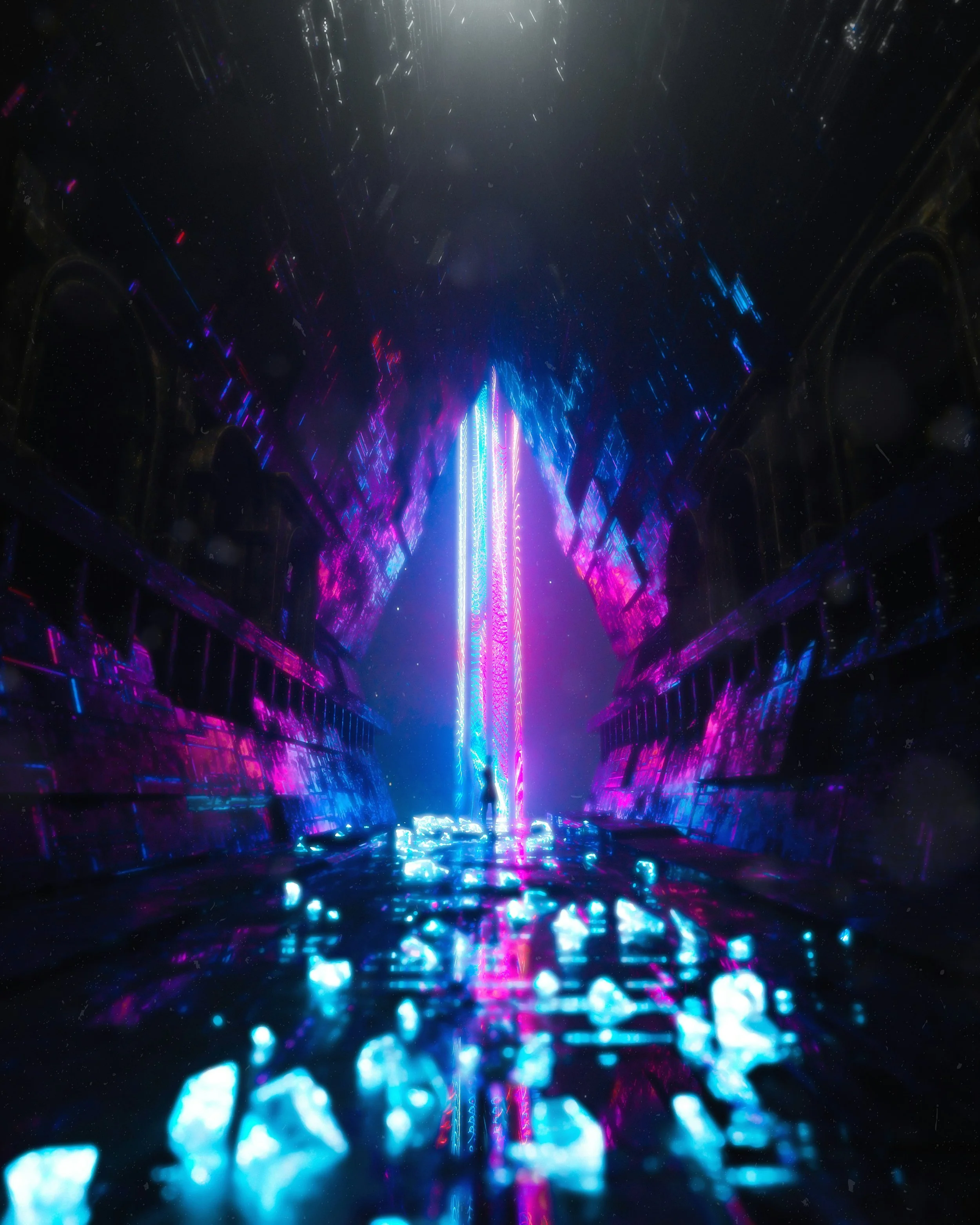 A person standing in a lighted tunnel with bright neon blue and pink lights, creating a futuristic and vibrant atmosphere.