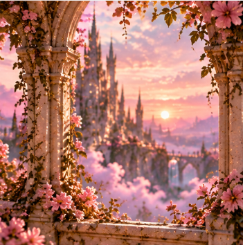 A view through an ornate stone archway decorated with pink flowers, overlooking a cityscape with tall spires and bridges at sunset, with pink and purple skies and clouds.