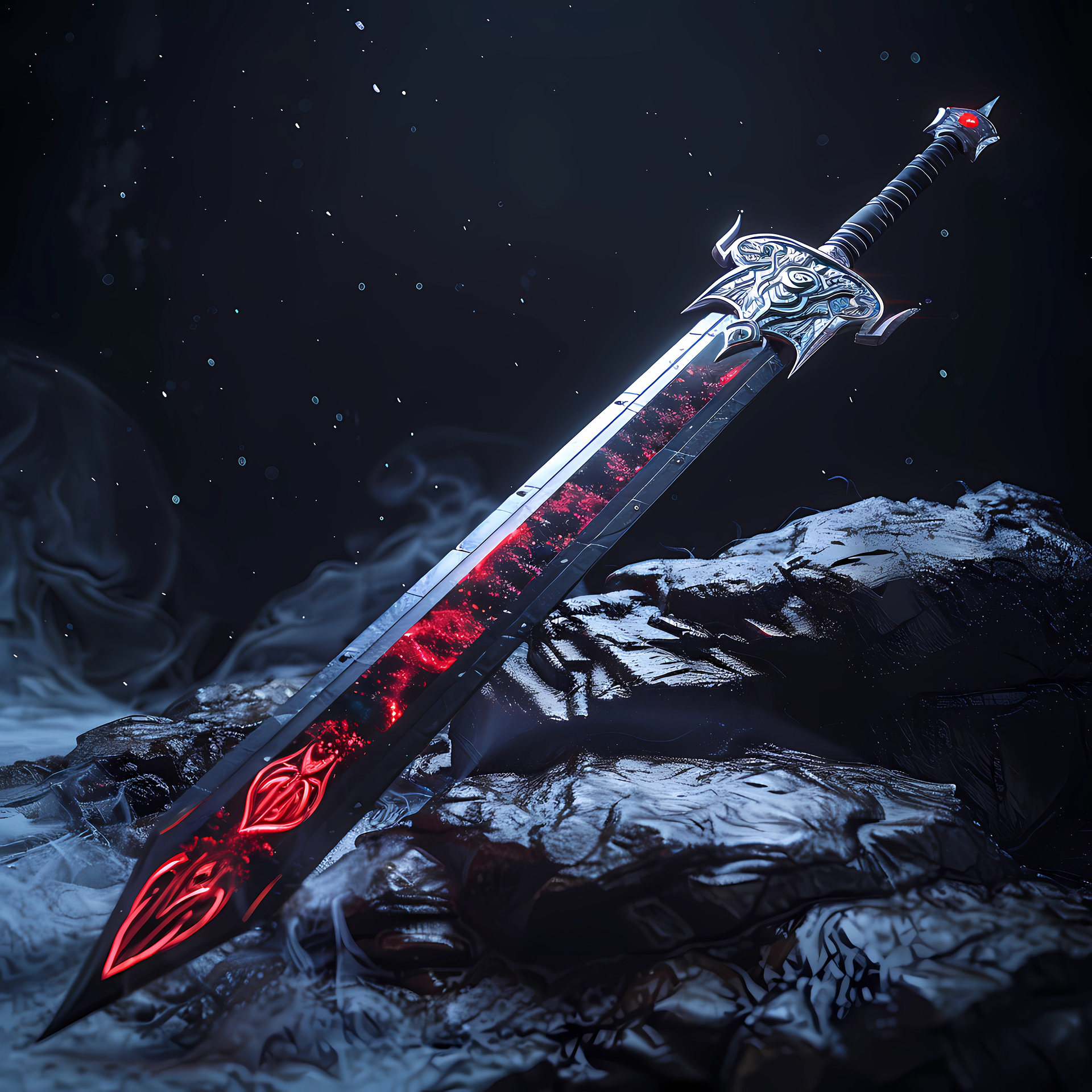 A fantasy-style sword with a detailed silver hilt and glowing red accents, embedded in icy landscape.