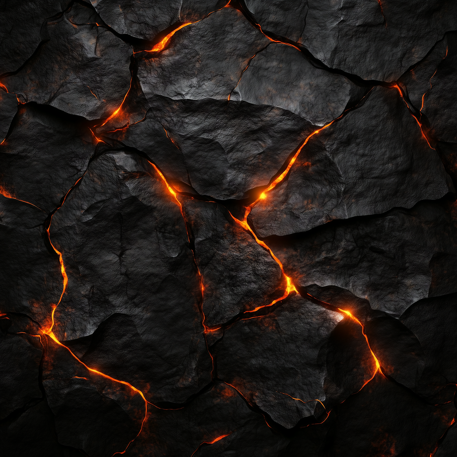 Close-up of cracked black volcanic rock with glowing orange lava seeping through the fissures.