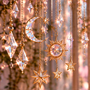 Decorative hanging sun, moon, and star ornaments with crystals and beads.
