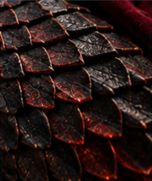 Close-up of dark brown pine cone scales with red edges.