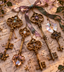 Four ornate gold keys decorated with pink and purple ribbons, pearls, and crystals on a floral background.