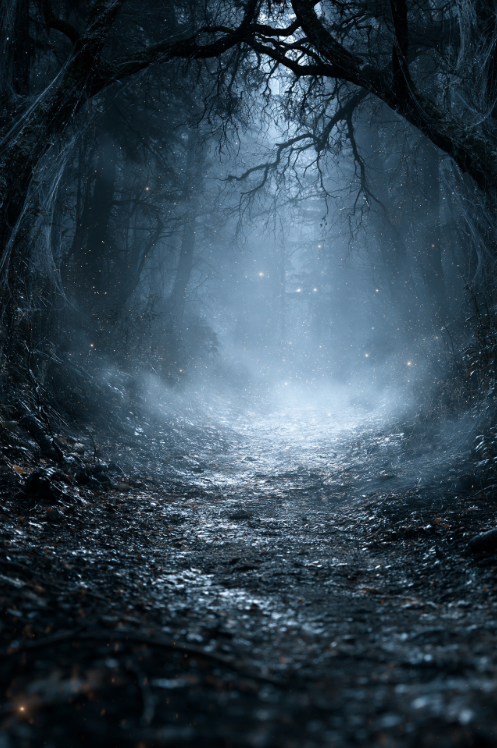 Dark, foggy forest with leafless trees and a faint light in the distance, creating a mysterious atmosphere.