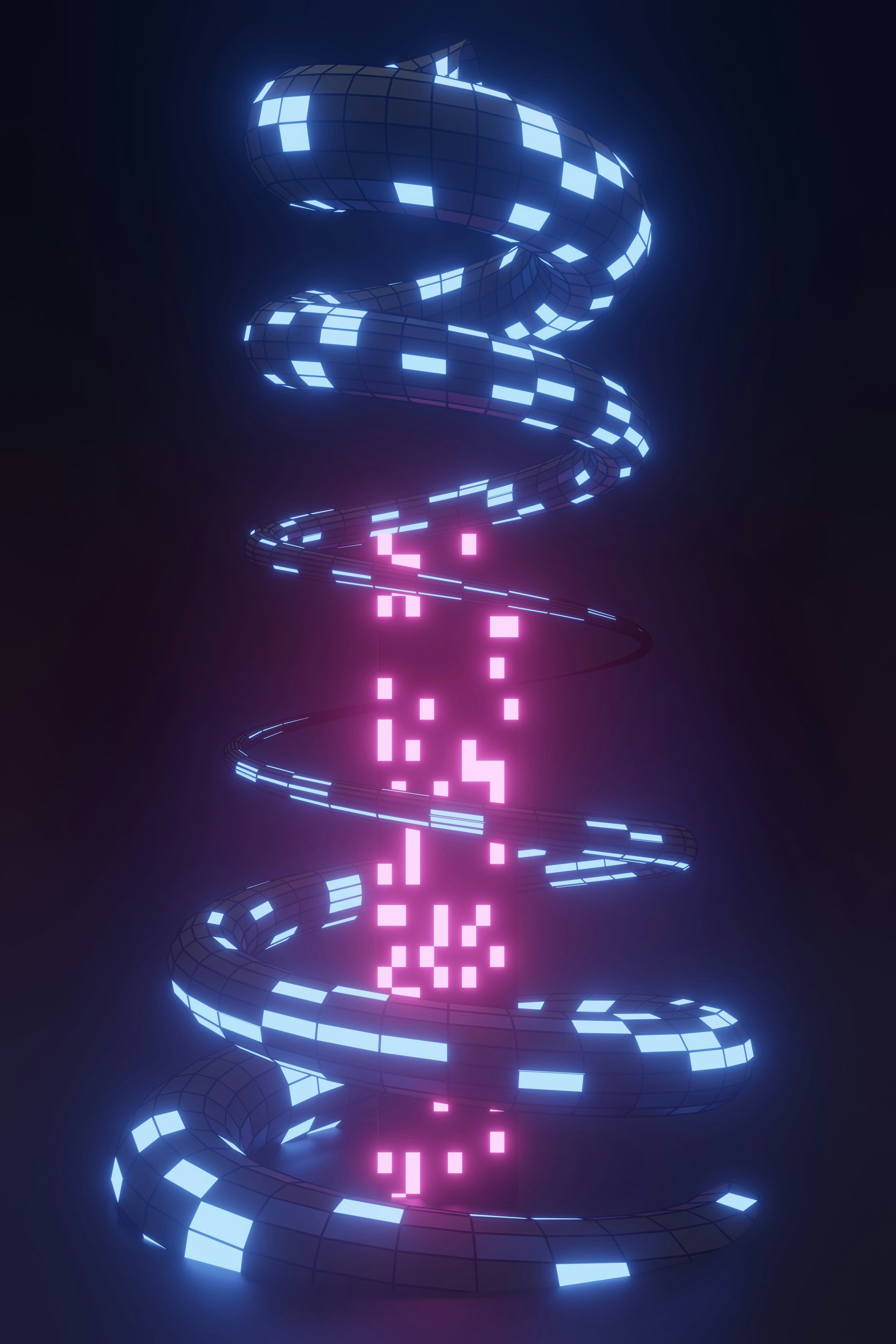 Digital art of a glowing, 3D DNA double helix structure composed of blue and pink illuminated squares on a dark background.