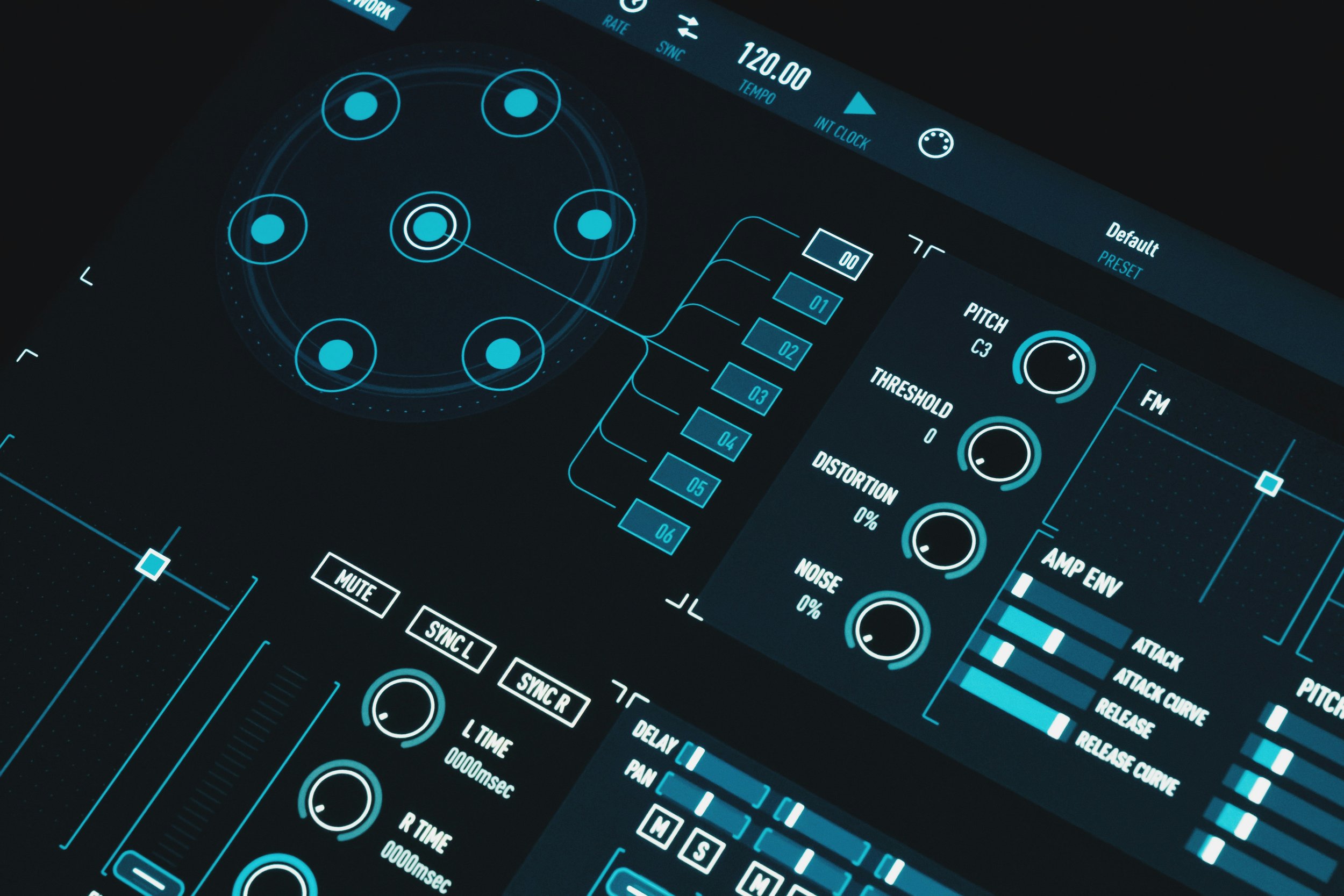 A digital DJ controller or music production interface with blue neon accents, featuring various knobs, sliders, and a circular pattern for controlling pitch, volume, and effects.