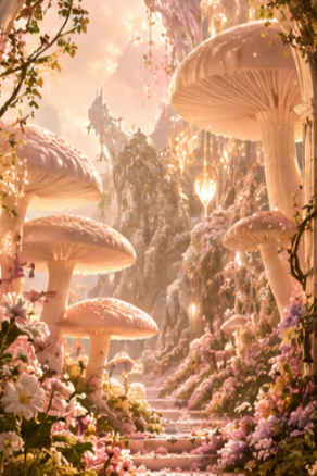 Fantasy scene with giant mushrooms, pink flowers, and glowing sunlight in an enchanted forest.