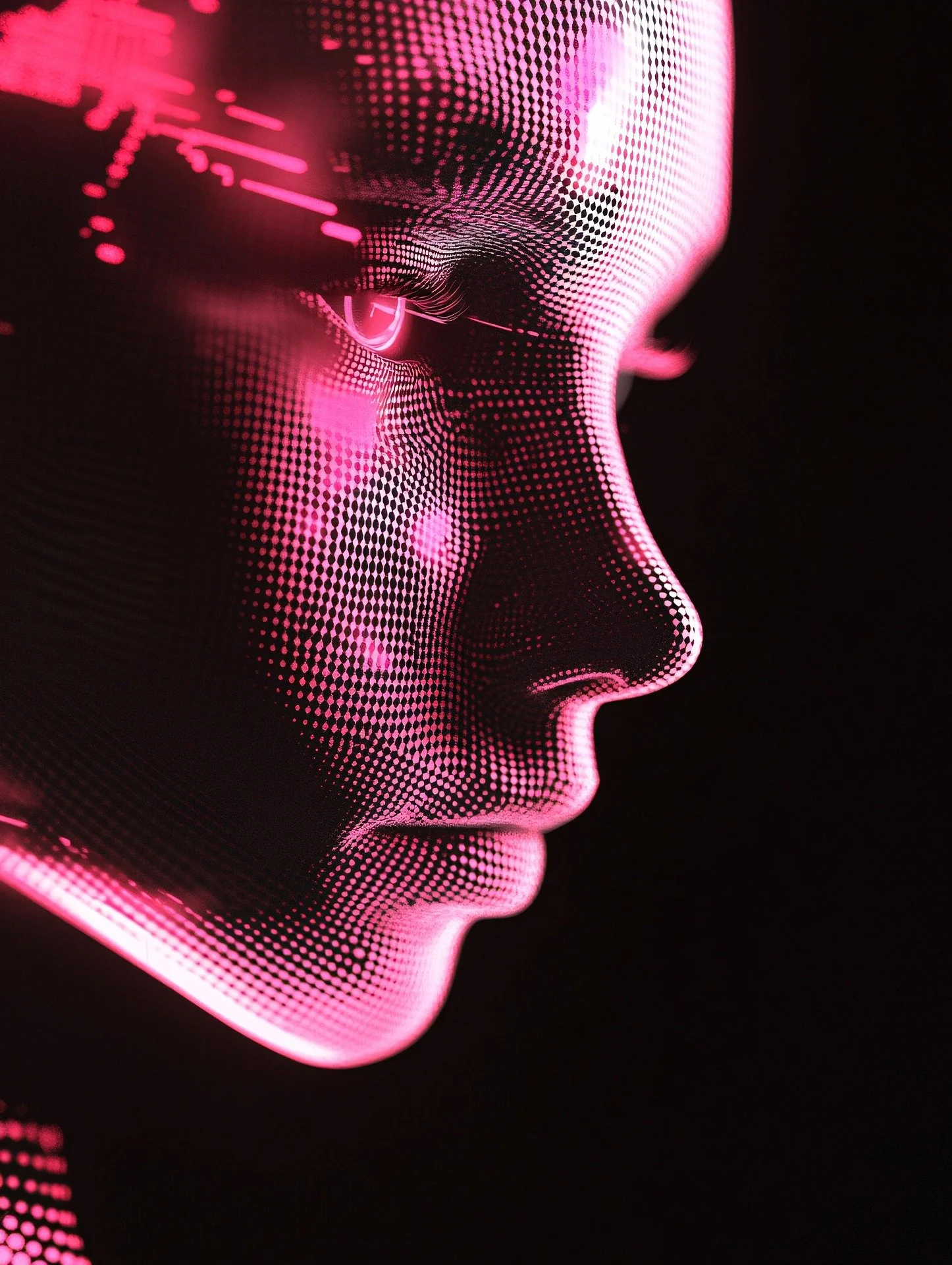 A digital, neon pink outline of a human face in profile, created with a series of small dots and lines, on a black background.