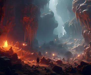 A group of explorers inside a glowing cave with stalactites and stalagmites illuminated by orange and blue light.
