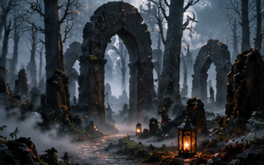 Dark, misty forest with stone ruins and archways, illuminated by lanterns.