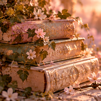 Three vintage books stacked on a wooden surface, decorated with pink and white flowers and green ivy, illuminated by warm sunlight.