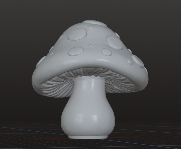 A 3D grayscale model of a mushroom with a rounded cap and stem, featuring circular spots on the cap, against a dark background.