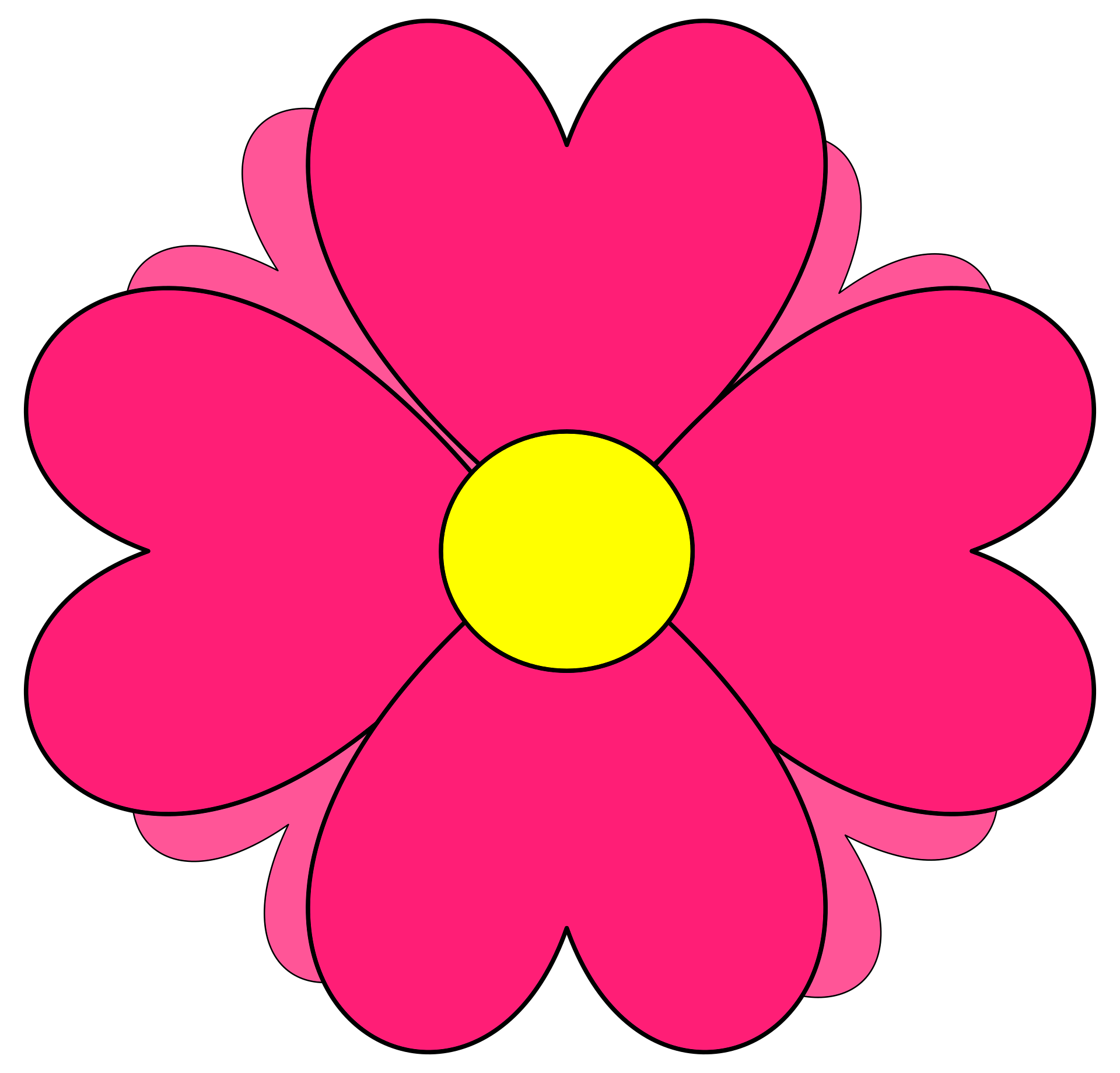 Simple illustration of a pink flower with six petals and a yellow center.