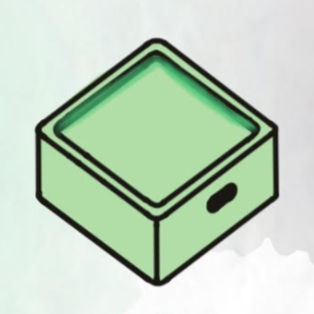 A green, simplified illustration of a square-shaped box or container with rounded edges and a black dot on the side.
