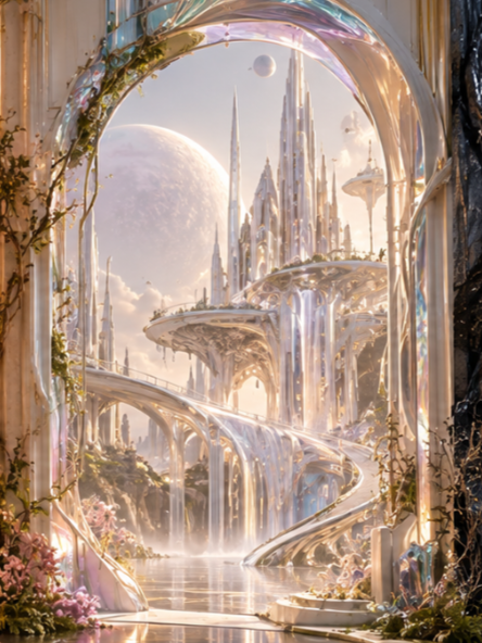 A fantastical cityscape seen through a magical, arched window with a waterfall, floating structures, and planets in the sky.