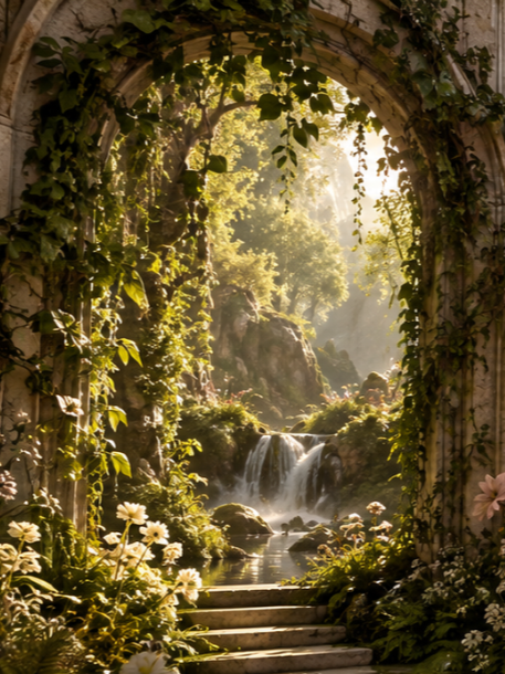 Stone steps leading through an archway covered in green vines, overlooking a serene waterfall surrounded by lush greenery and sunlight.