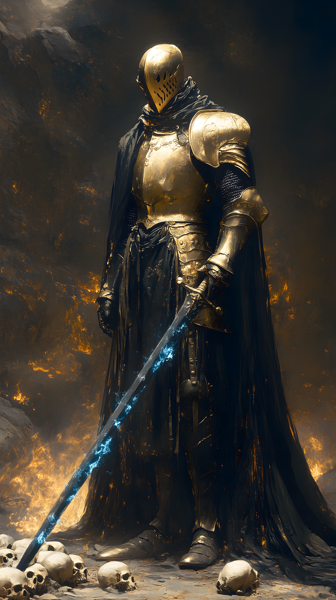 A knight in black and gold armor standing amidst skulls with a fiery background, holding a sword with glowing blue energy.