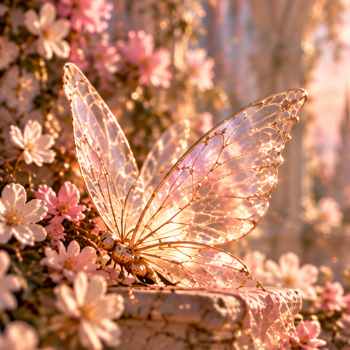A delicate, translucent butterfly perched on pink and white flowers in warm sunlight.