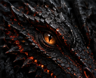 Close-up of a dragon's eye and textured scales with fiery orange highlights