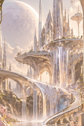 Futuristic cityscape with tall, sleek skyscrapers and floating structures, set against a large moon in the sky