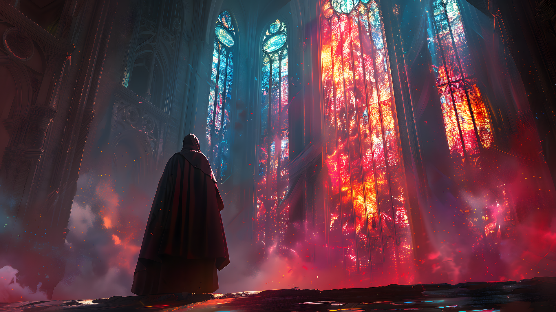 A hooded figure stands inside a large Gothic cathedral with vibrant, glowing stained glass windows emitting red, blue, and orange light, creating a mystical atmosphere.