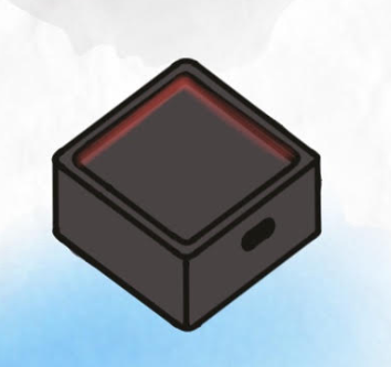 A black electronic device with a red border on top, possibly a speaker or gaming accessory, against a cloud-like background.