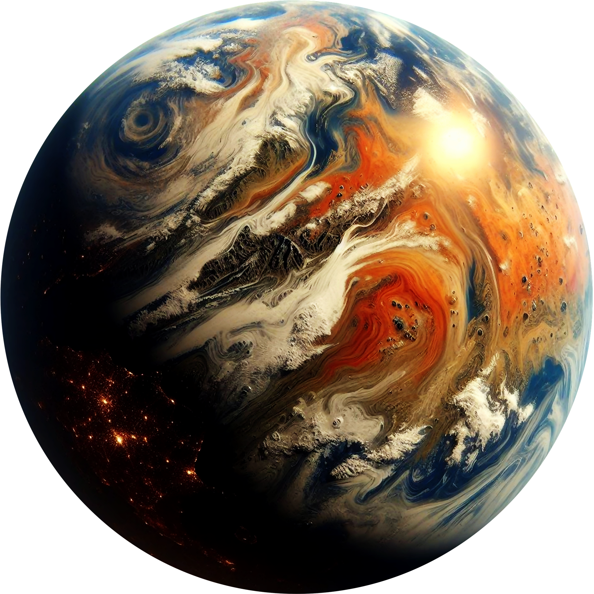 A digitally manipulated image of Earth with swirling patterns of clouds, land, and water, featuring vibrant colors of orange, blue, and white.