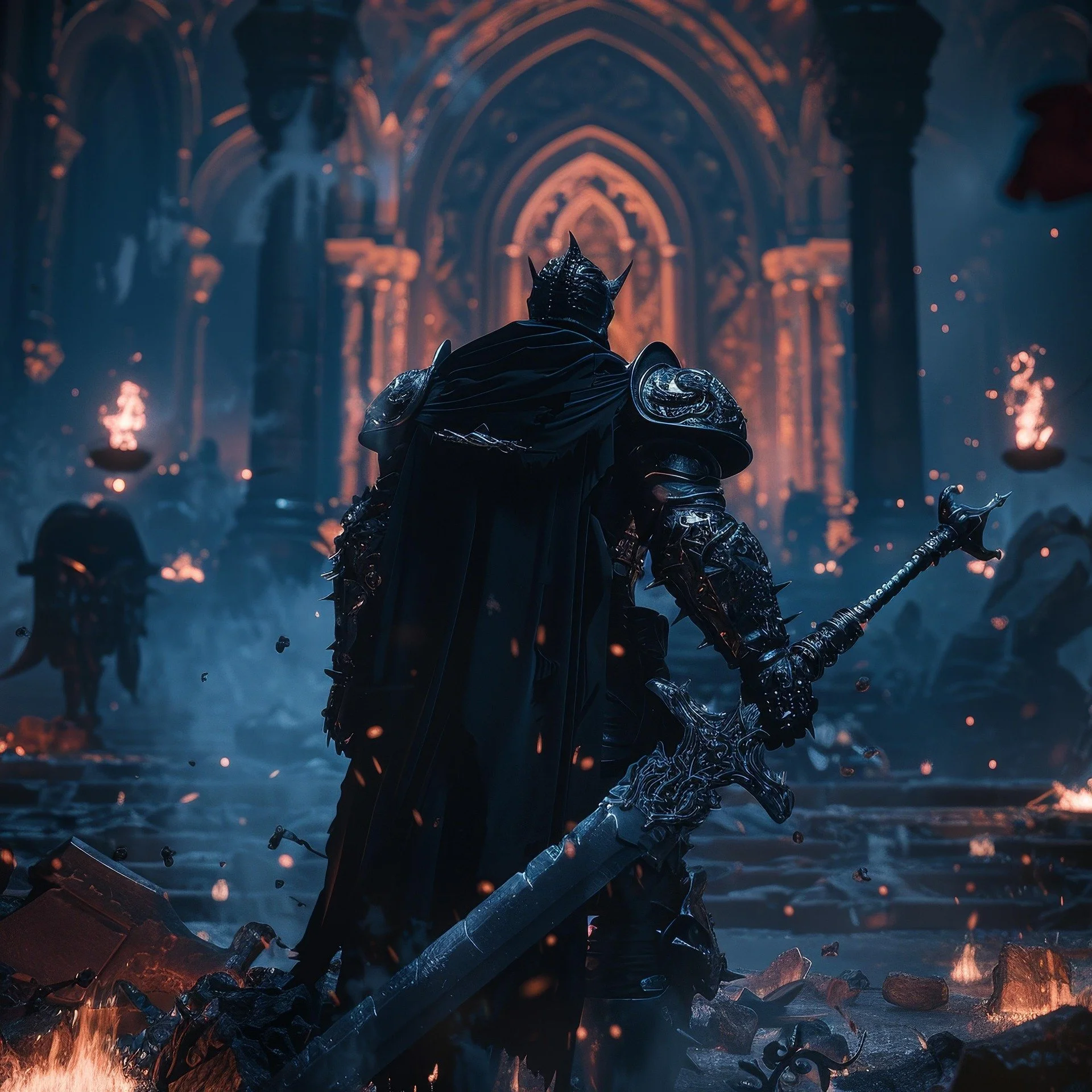 A dark armored warrior with a horned helmet stands among fallen debris and broken weapons in a fiery, ruined environment with Gothic architecture and glowing embers.