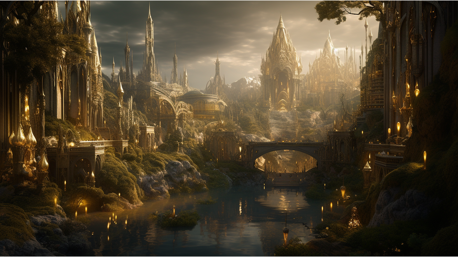 Fantasy cityscape with tall, ornate gold and dark structures, bridges, and a river reflecting the buildings, under a cloudy sky.