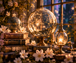 Decorative globes with star and moon designs, surrounded by books, white flowers, and string lights in a cozy, warmly lit room