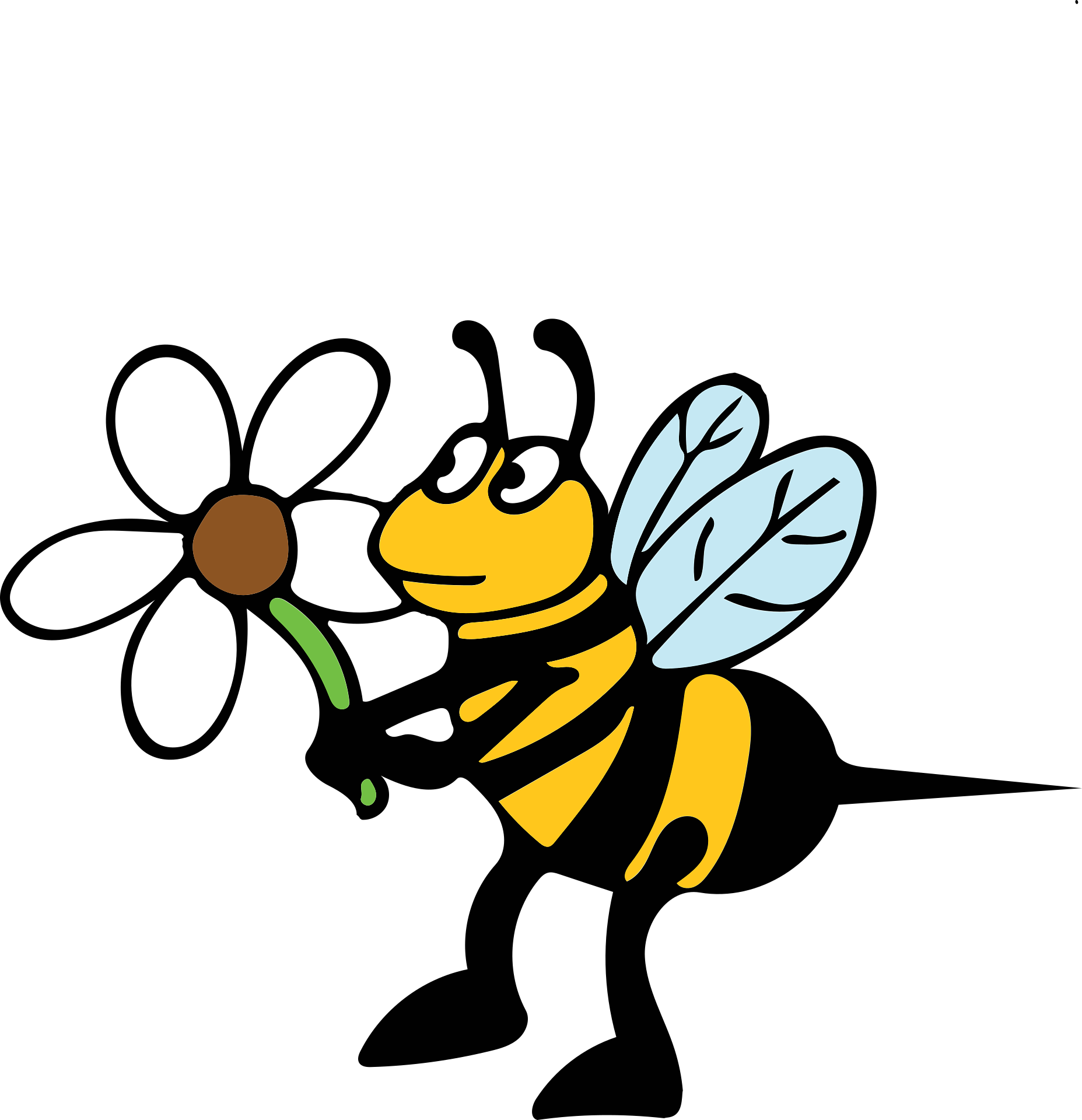 Illustration of a bee with yellow and black stripes, blue wings with black veins, holding a honey dipper, with green leaves and abstract elements on black background.